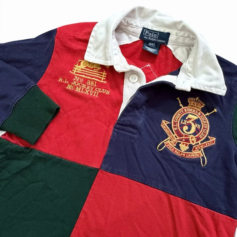 VTG Polo Ralph Lauren Boy's Size 4 Colorblock Rugby Jockey Club Embroidered 90s
